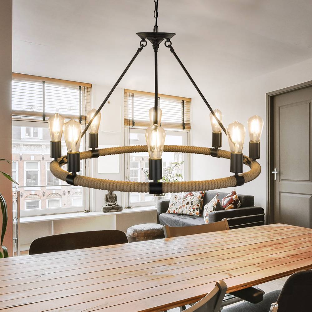 Pendelleuchte 8 Flammig Kronleuchter Rustikal Hanfseil Hängeleuchte Esszimmer Landhausstil, braun schwarz Metall, 8x E27, DxH 80 x 130 cm
