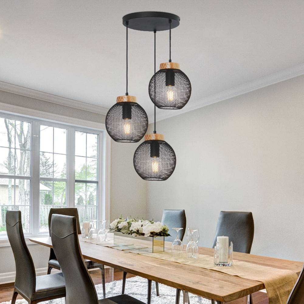 Hängeleuchte Pendelleuchte Deckenlampe hängend Vintage schwarz Metall Industrial, 3 flammig, Holz braun, 3x E27 Fassungen, DxH 44x120cm