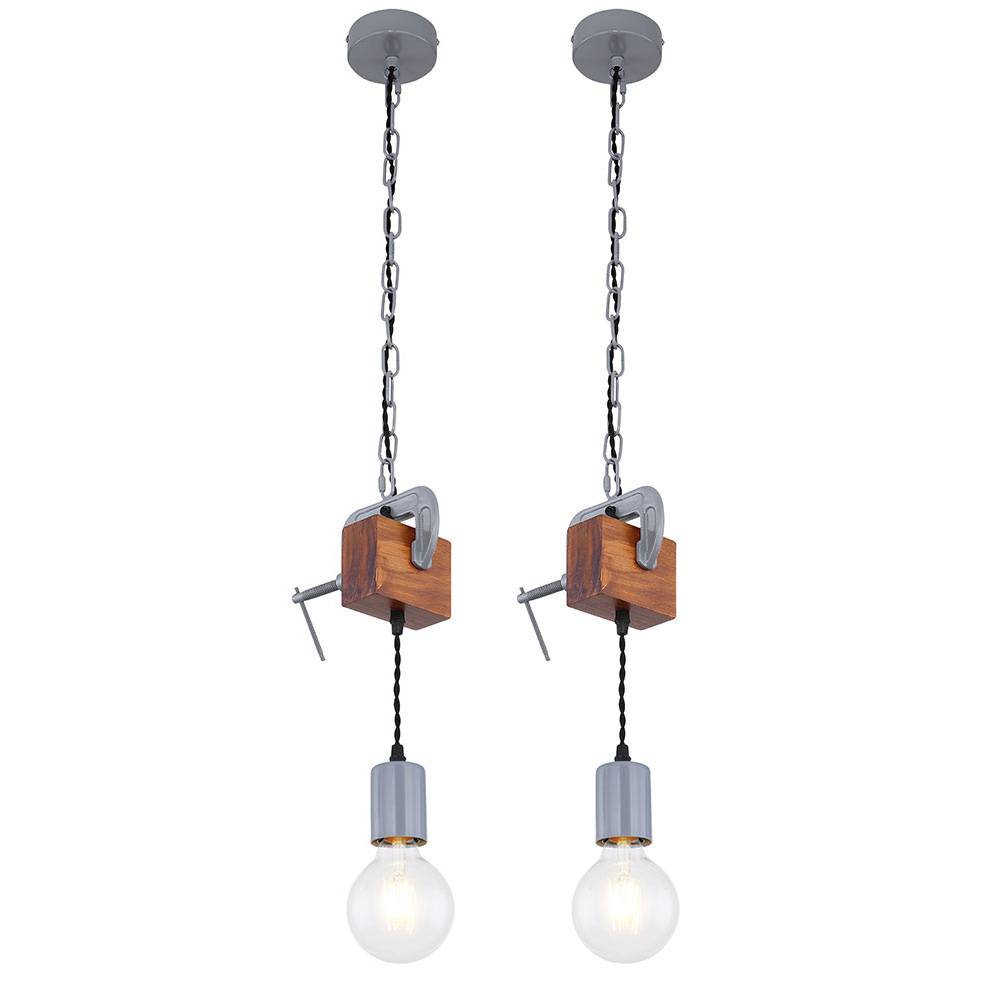Hängeleuchte Holz Esstischlampe hängend Retro Deckenleuchte Vintage, Schraubzwinge Metall verzinkt, 1x E27 Fassung, LxH 14x120 cm, 2er Set