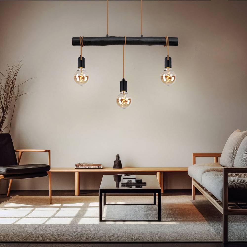 Hängelampe Esstisch Pendelleuchte schwarz Wohnzimmerlampe modern, Holzlampe 3-flammig Seil Höhe anpassbar, Metall, 3x E27 Fassung, LxBxH 60x5x120 cm