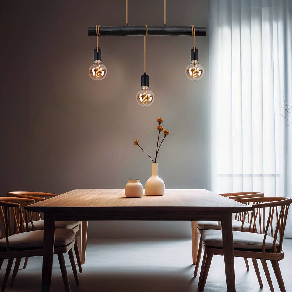 Hängelampe Esstisch Pendelleuchte schwarz Wohnzimmerlampe modern, Holzlampe 3-flammig Seil Höhe anpassbar, Metall, 3x E27 Fassung, LxBxH 60x5x120 cm