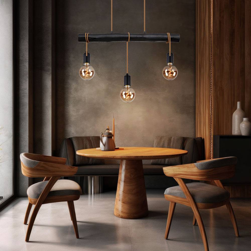 Hängelampe Esstisch Pendelleuchte schwarz Wohnzimmerlampe modern, Holzlampe 3-flammig Seil Höhe anpassbar, Metall, 3x E27 Fassung, LxBxH 60x5x120 cm