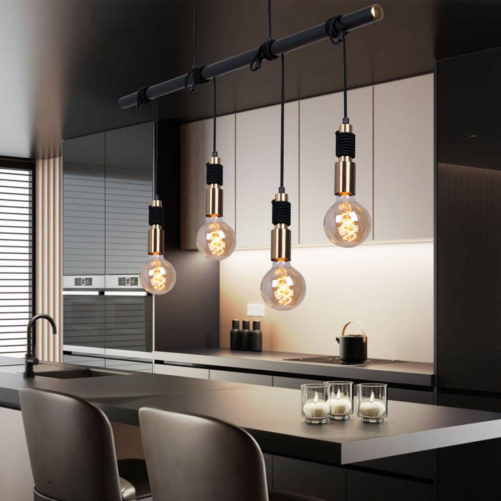 Esszimmerleuchte hängend Hängelampe messing schwarz Pendelleuchte 4 Flammig, Höhenverstellbar durch aufwickeln, 4x E27 Fassungen, LxBxH 100x6x120