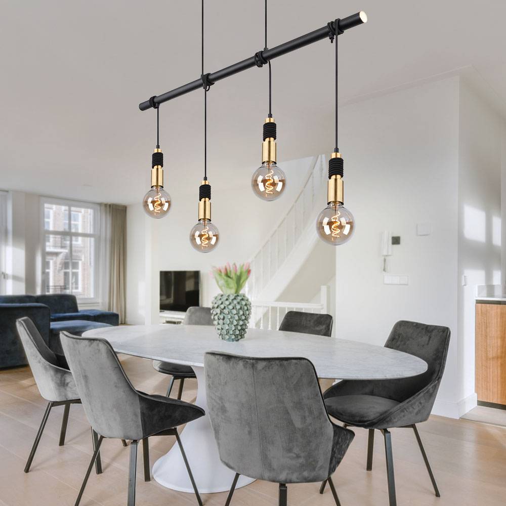 Esszimmerleuchte hängend Hängelampe messing schwarz Pendelleuchte 4 Flammig, Höhenverstellbar durch aufwickeln, 4x E27 Fassungen, LxBxH 100x6x120