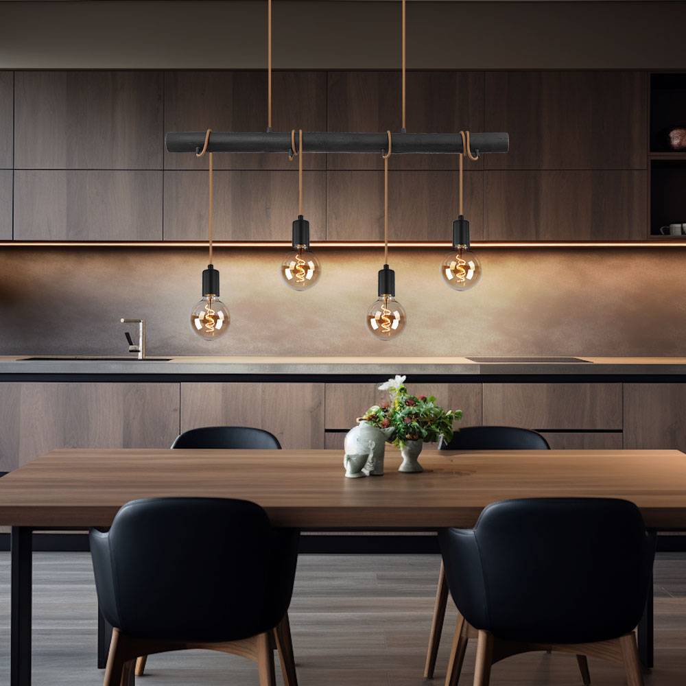 Hängelampe Pendelleuchte 4 flammig Esstisch Holzlampe Wohnzimmerlampe zum Wickeln, Metall, schwarz, 4x E27 Fassungen, LxBxH 90x6x120 cm