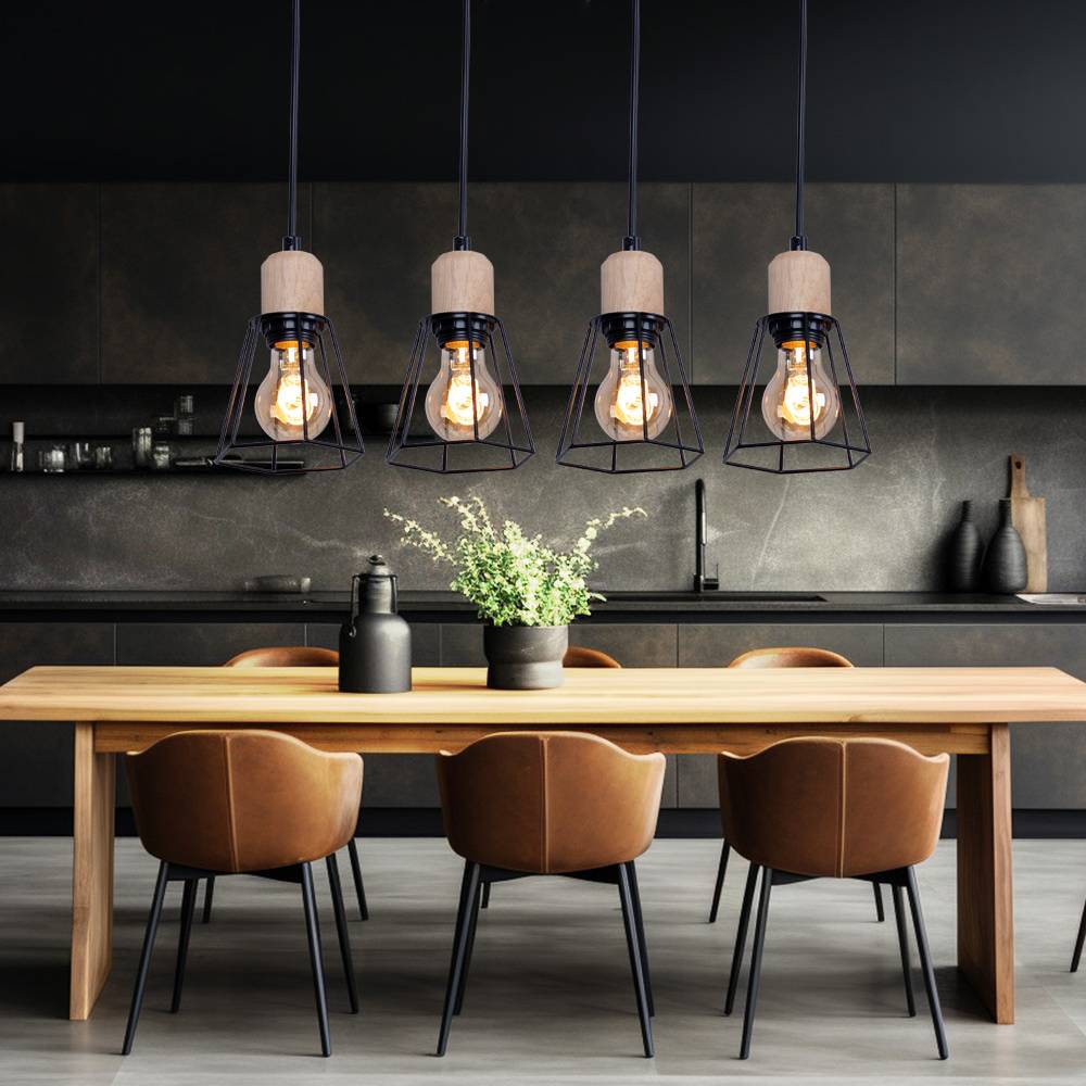 Pendellampe Hängeleuchte Esszimmerlampe 4-flammig Pendelleuchte Holzoptik, Gitterschirme, Metall, schwarz, 4x E27 Fassung, LxBxH 71,3x12x120 cm