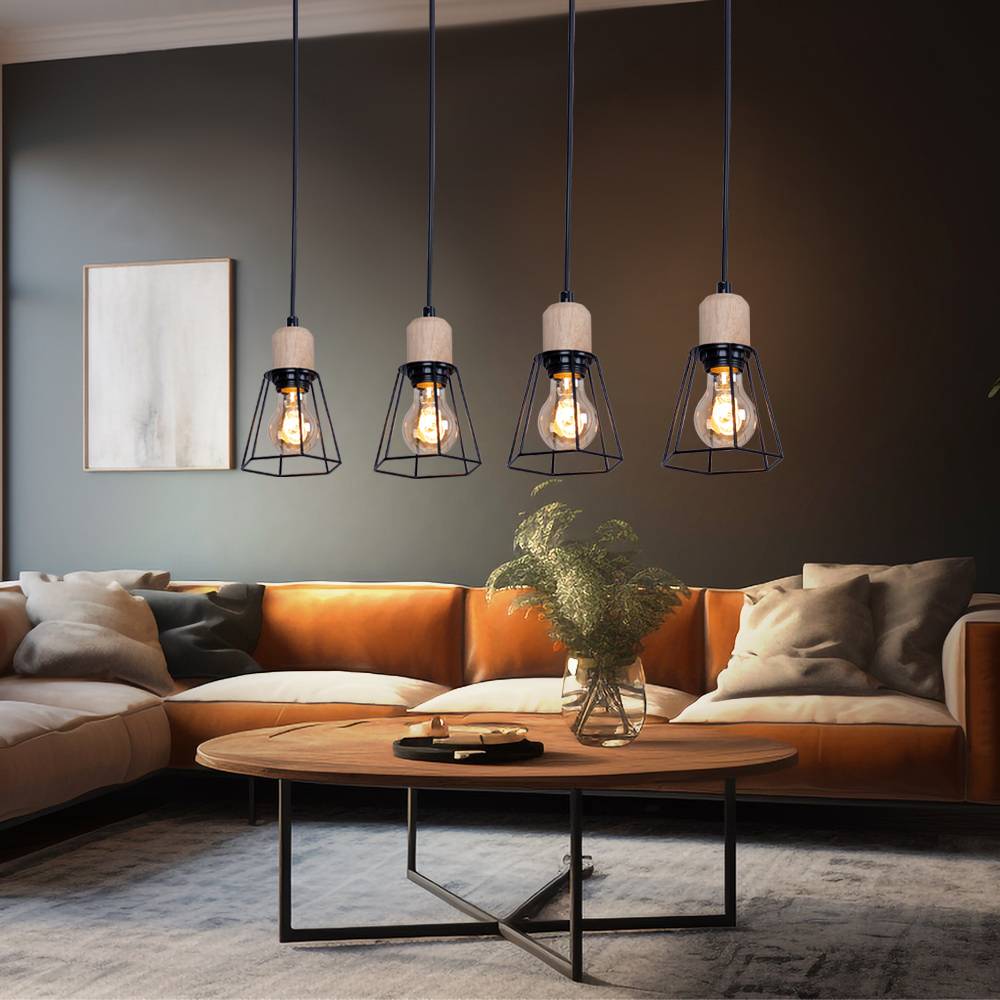 Pendellampe Hängeleuchte Esszimmerlampe 4-flammig Pendelleuchte Holzoptik, Gitterschirme, Metall, schwarz, 4x E27 Fassung, LxBxH 71,3x12x120 cm