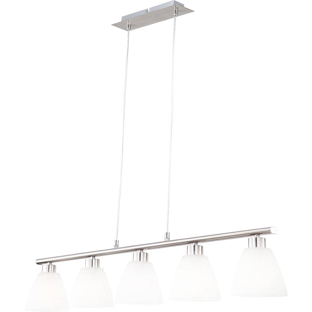 Esstischlampe Hängelampe Esstisch Hängeleuchte silber höhenverstellbar, 5 flammig, Metall nickel Glas weiß 5x E14 Fassungen HxLxB 120x93x13cm