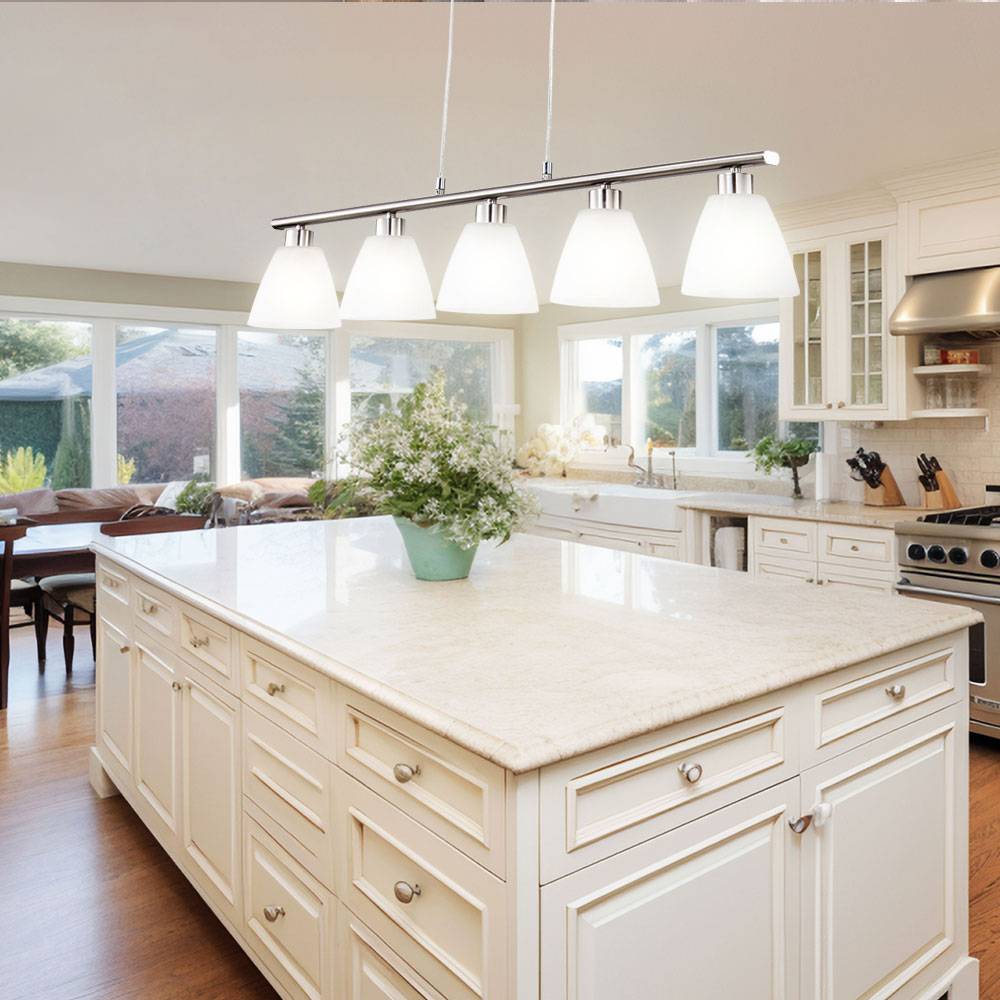 Esstischlampe Hängelampe Esstisch Hängeleuchte silber höhenverstellbar, 5 flammig, Metall nickel Glas weiß 5x E14 Fassungen HxLxB 120x93x13cm