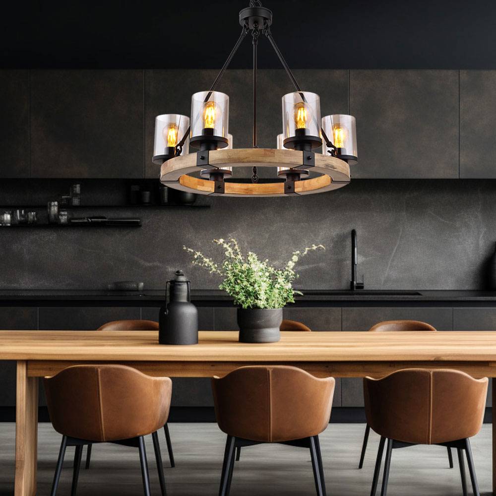 Kronleuchter Esstisch Pendellampe schwarz Holz Schlafzimmerlampe Glas 6-flammig, Metall, 6x E27 Fassungen, DxH 59x98 cm