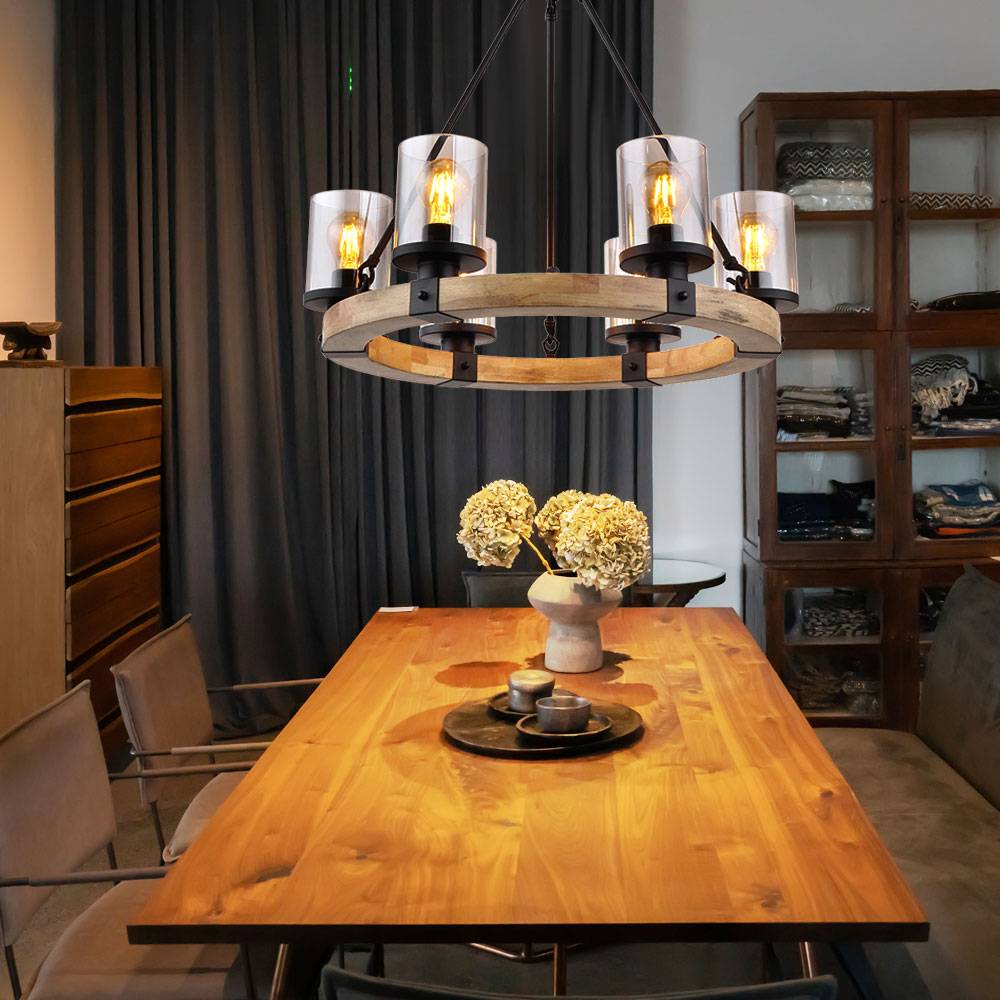 Kronleuchter Esstisch Pendellampe schwarz Holz Schlafzimmerlampe Glas 6-flammig, Metall, 6x E27 Fassungen, DxH 59x98 cm