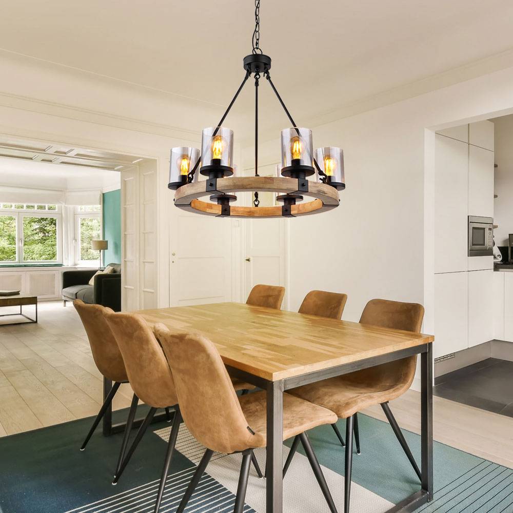 Kronleuchter Esstisch Pendellampe schwarz Holz Schlafzimmerlampe Glas 6-flammig, Metall, 6x E27 Fassungen, DxH 59x98 cm