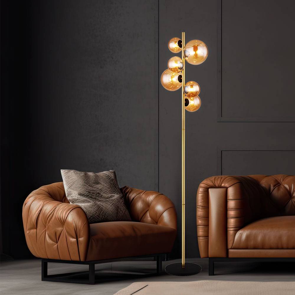 Stehlampe Wohnzimmer messing Industrial Stehleuchte Kugel amber LED Leselampe Stehlampe, Metall Glas, 6x LED 3,5W 350Lm warmweiß, H 155 cm