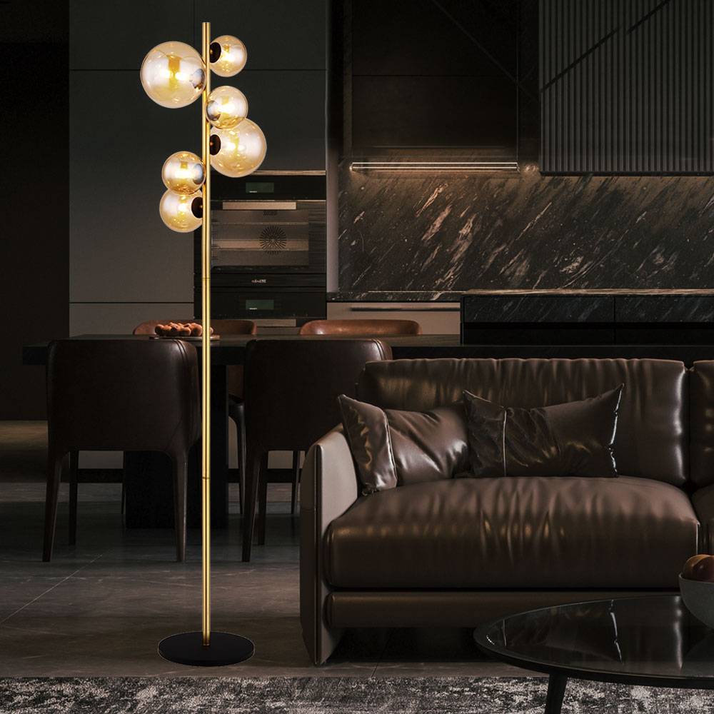 Stehlampe Wohnzimmer messing Industrial Stehleuchte Kugel amber LED Leselampe Stehlampe, Metall Glas, 6x LED 3,5W 350Lm warmweiß, H 155 cm