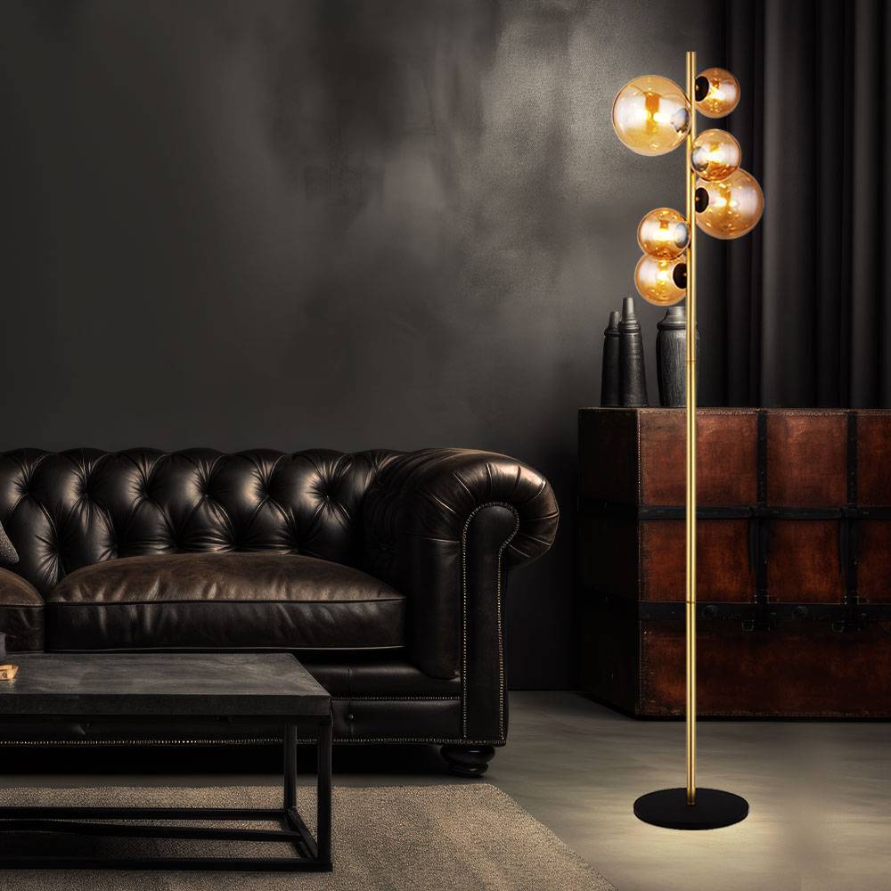 Stehlampe Wohnzimmer messing Industrial Stehleuchte Kugel amber LED Leselampe Stehlampe, Metall Glas, 6x LED 3,5W 350Lm warmweiß, H 155 cm