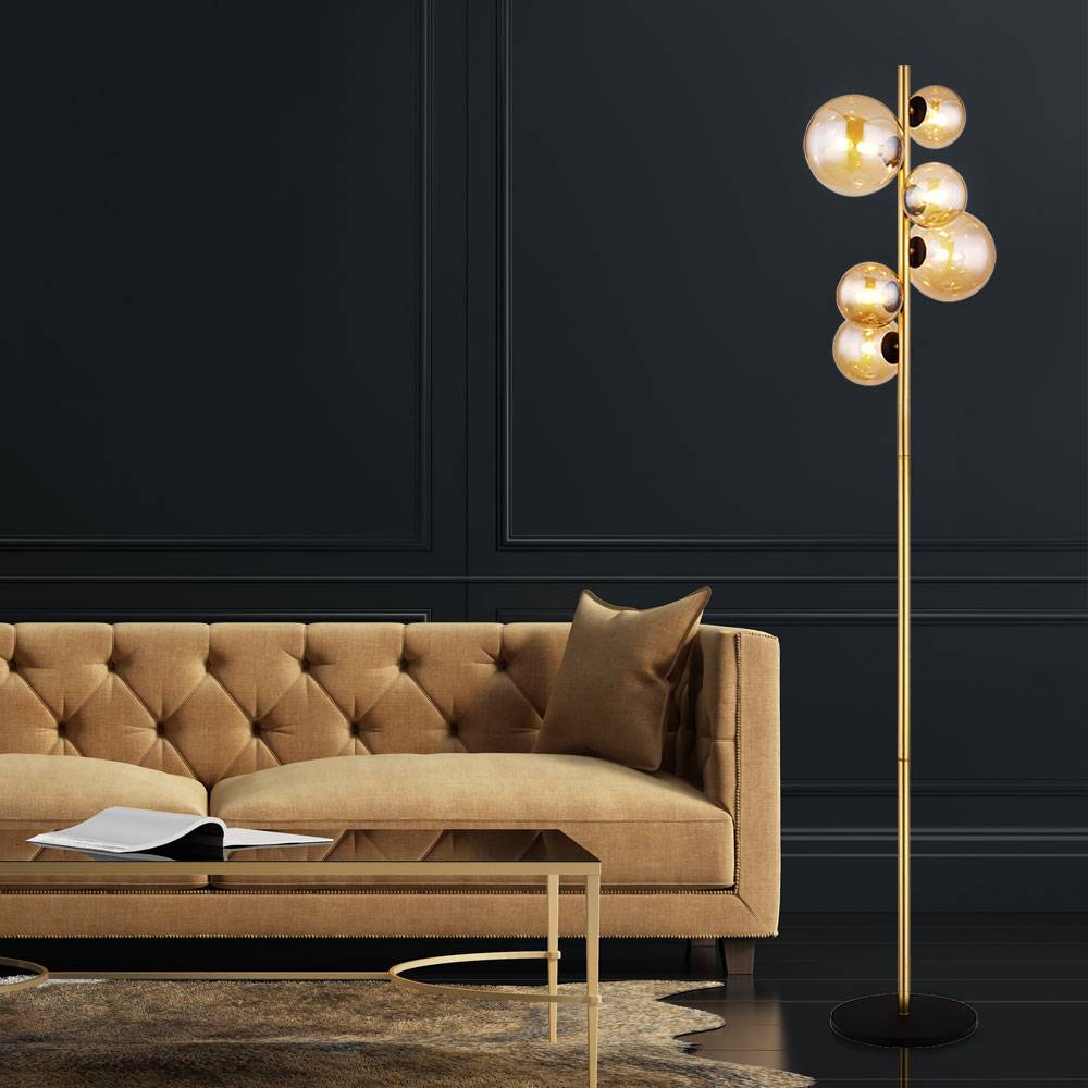 Stehlampe Wohnzimmer messing Industrial Stehleuchte Kugel amber LED Leselampe Stehlampe, Metall Glas, 6x LED 3,5W 350Lm warmweiß, H 155 cm