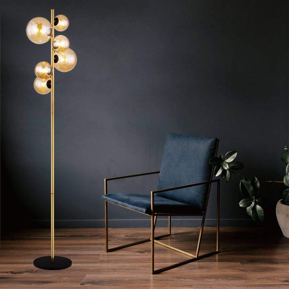 Stehlampe Wohnzimmer messing Industrial Stehleuchte Kugel amber LED Leselampe Stehlampe, Metall Glas, 6x LED 3,5W 350Lm warmweiß, H 155 cm