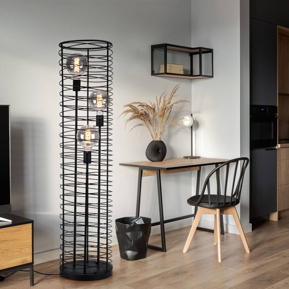 Stehlampe Wohnzimmer Stehleuchte Gitter Geflecht Standleuchte schwarz, Fernbedienung dimmbar, 3x RGB LED 4,8W 470Lm warmweiß, DxH 30x129 cm