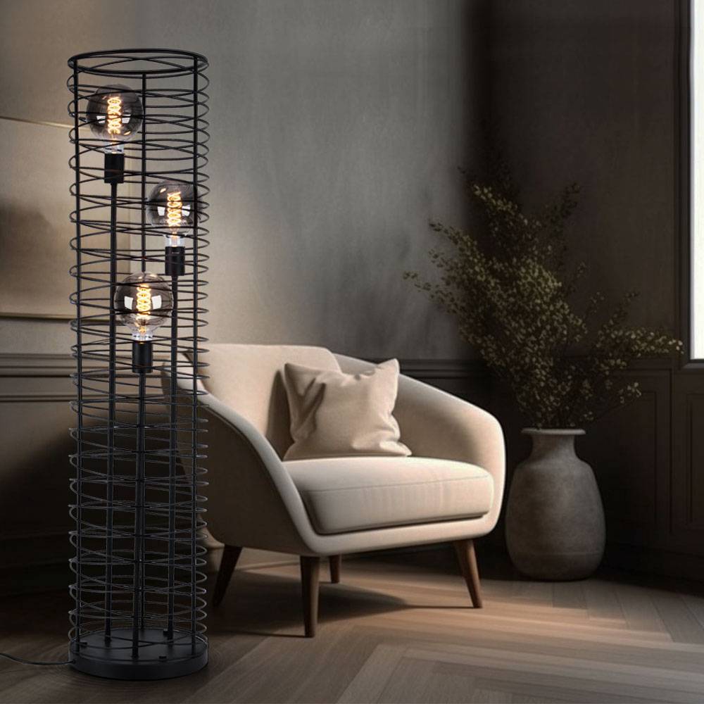 Stehlampe Wohnzimmer Stehleuchte Gitter Geflecht Standleuchte schwarz, Fernbedienung dimmbar, 3x RGB LED 4,8W 470Lm warmweiß, DxH 30x129 cm