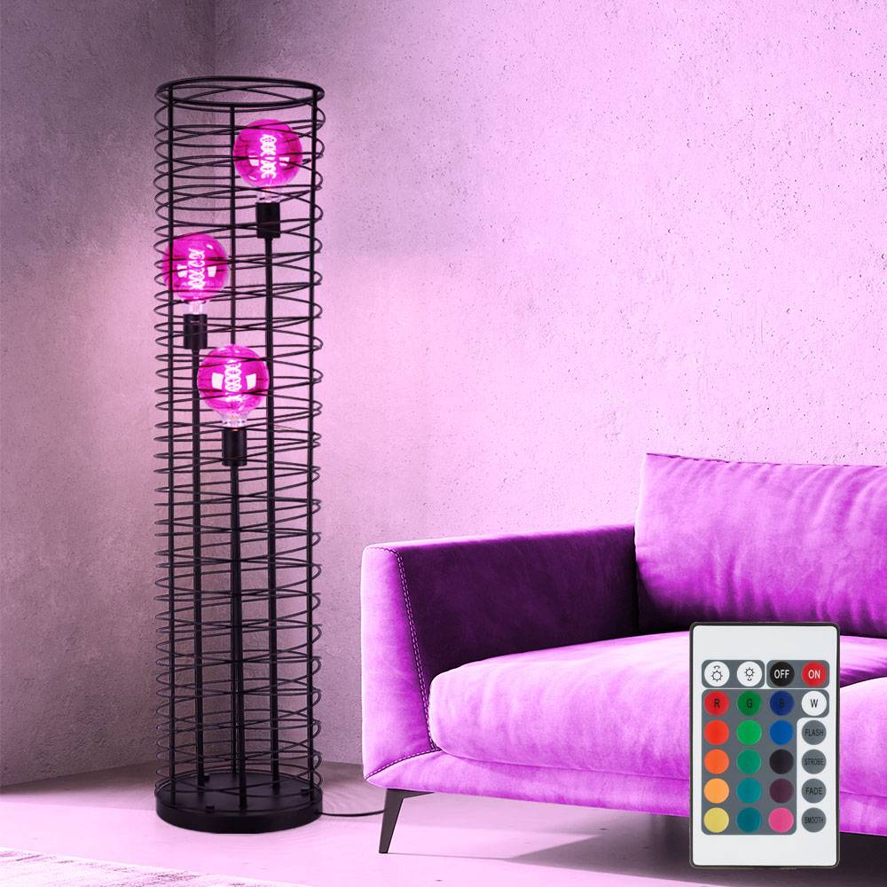 Stehlampe Wohnzimmer Stehleuchte Gitter Geflecht Standleuchte schwarz, Fernbedienung dimmbar, 3x RGB LED 4,8W 470Lm warmweiß, DxH 30x129 cm