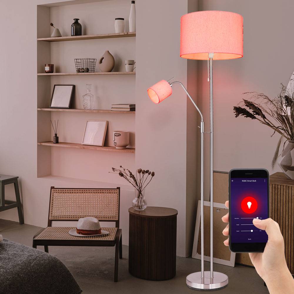 Stehleuchte Wohnzimmer Deckenfluter mit Leselampe Stehlampe Stoffschirm Zugschalter, App Steuerung, Smart RGB LED 1x 10W 1x5W, H 175 cm