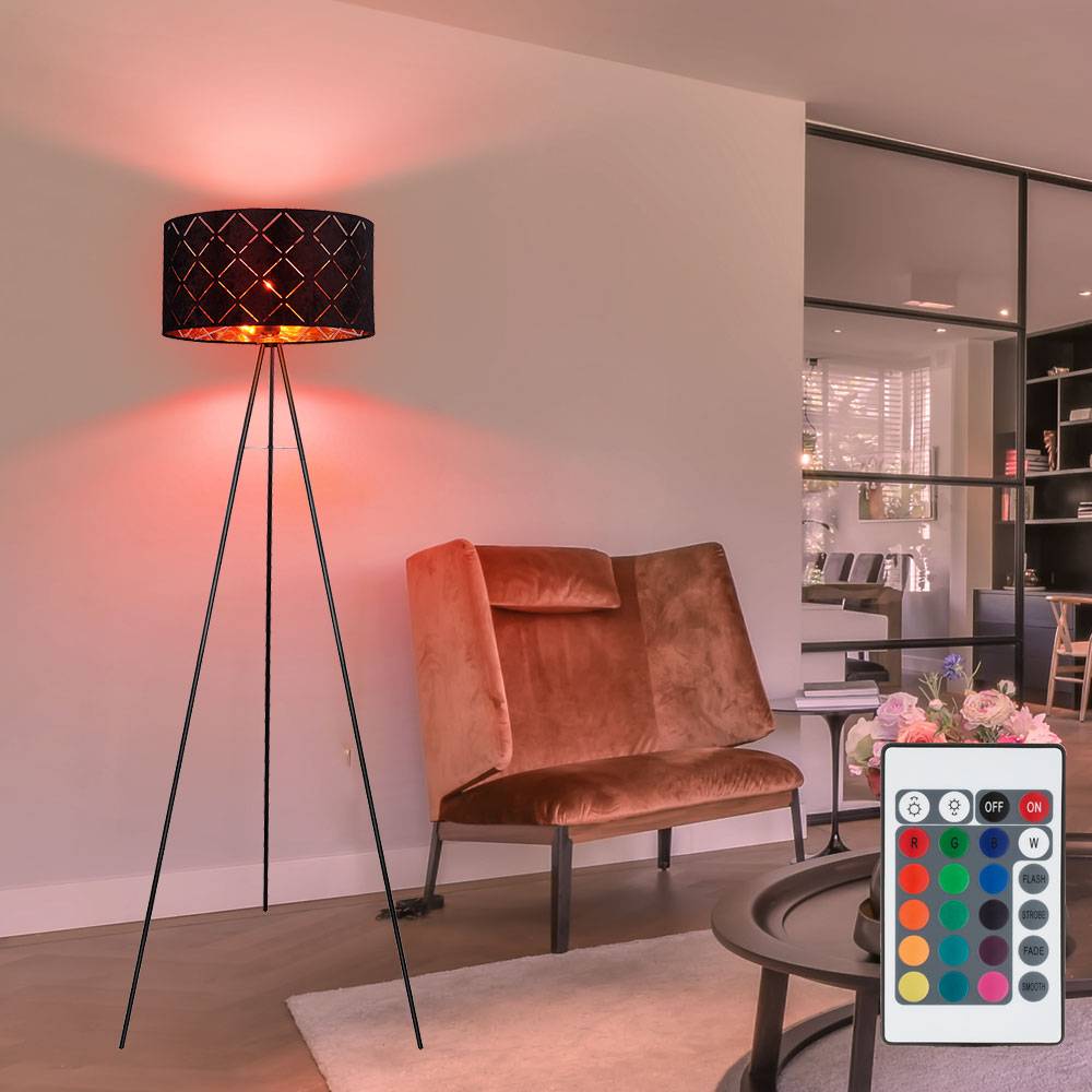 Stehlampe Standleuchte Deckenfluter Wohnzimmer Fernbedienung Stativ Textil, Metall schwarz, 1x RGB LED warmweiß, DxH 69x149 cm