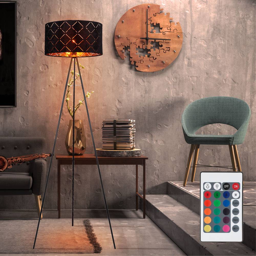 Stehlampe Standleuchte Deckenfluter Wohnzimmer Fernbedienung Stativ Textil, Metall schwarz, 1x RGB LED warmweiß, DxH 69x149 cm