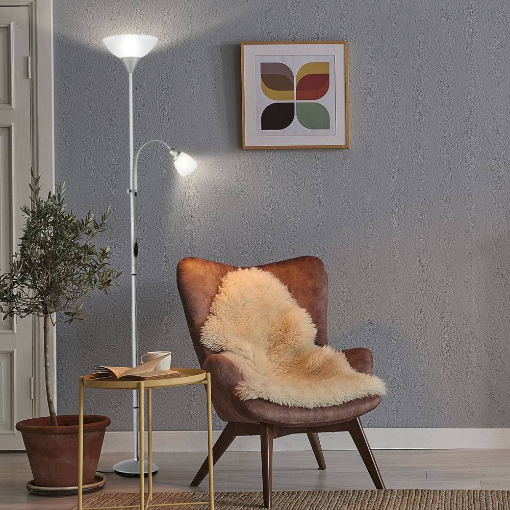 Deckenfluter Leseleuchte Wohnzimmerlampe Stehleuchte Höhe verstellbar, flexible Leselampe, Metall titan, Kunststoff weiß, 1x E27 1x E14, DxH 28 x 18