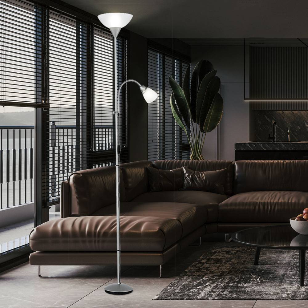 Deckenfluter Leseleuchte Wohnzimmerlampe Stehleuchte Höhe verstellbar, flexible Leselampe, Metall titan, Kunststoff weiß, 1x E27 1x E14, DxH 28 x 18