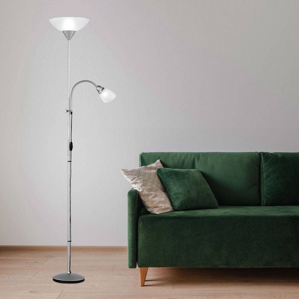 Deckenfluter Leseleuchte Wohnzimmerlampe Stehleuchte Höhe verstellbar, flexible Leselampe, Metall titan, Kunststoff weiß, 1x E27 1x E14, DxH 28 x 18