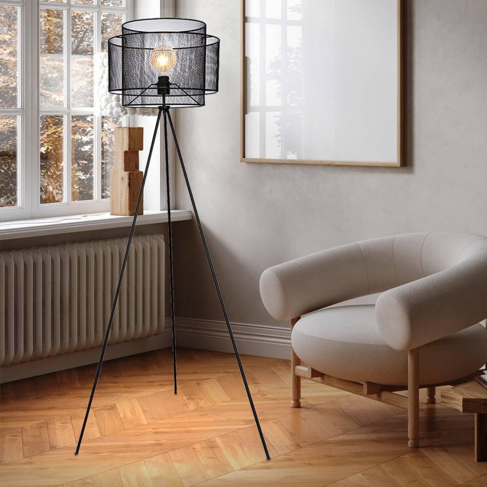 Stehlampe Stativleuchte Metall Stehleuchte schwarz Deckenfluter rund Käfig Wohnzimmer, Metall, Fassung 1x E27, DxH 60x150 cm