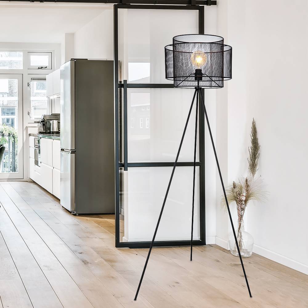 Stehlampe Stativleuchte Metall Stehleuchte schwarz Deckenfluter rund Käfig Wohnzimmer, Metall, Fassung 1x E27, DxH 60x150 cm