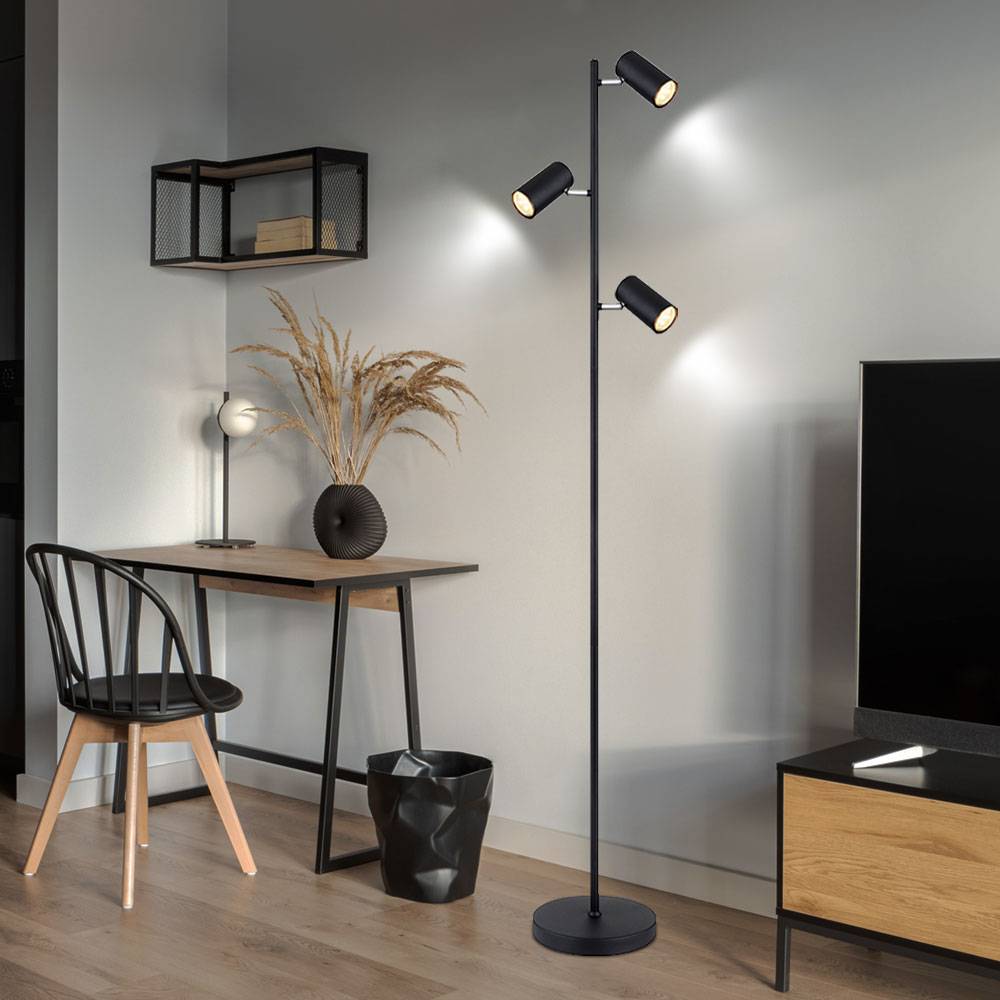 Stehlampe Standleuchte 3 Leuchten schwenkbare Stehlampe Stehleuchte Wohnzimmer Modern schwarz, 3 Flammig, Metall, 3x GU10, LxBxH 25x23x154 cm