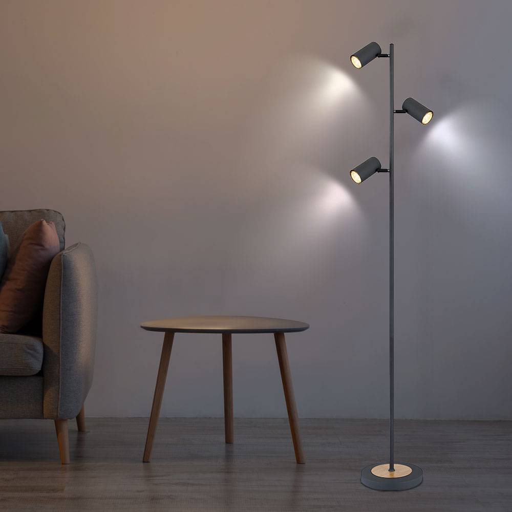 Stehlampe Stehleuchte Wohnzimmerlampe, 3-flammig, Moderne Standlampe, Holzoptik, Strahler verstellbar, Metall, graphit, 3x GU10, LxBxH 25x23x254 cm