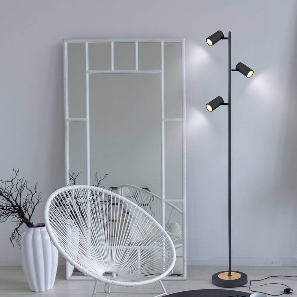 Stehlampe Stehleuchte Wohnzimmerlampe, 3-flammig, Moderne Standlampe, Holzoptik, Strahler verstellbar, Metall, graphit, 3x GU10, LxBxH 25x23x254 cm