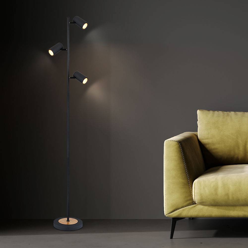 Stehlampe Stehleuchte Wohnzimmerlampe, 3-flammig, Moderne Standlampe, Holzoptik, Strahler verstellbar, Metall, graphit, 3x GU10, LxBxH 25x23x254 cm