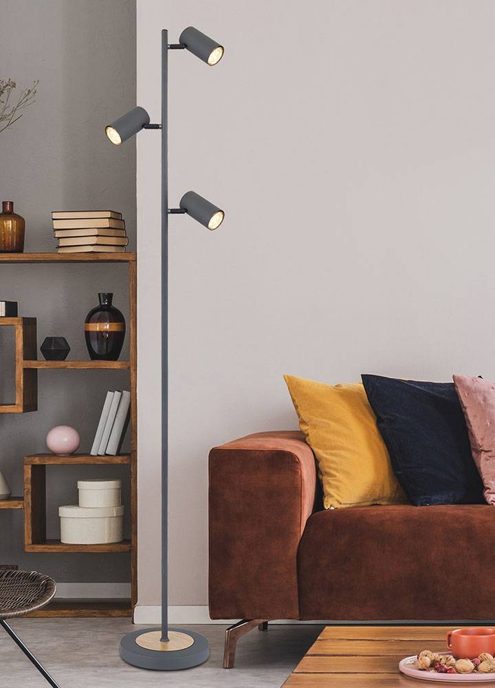 Stehlampe Stehleuchte Wohnzimmerlampe, 3-flammig, Moderne Standlampe, Holzoptik, Strahler verstellbar, Metall, graphit, 3x GU10, LxBxH 25x23x254 cm
