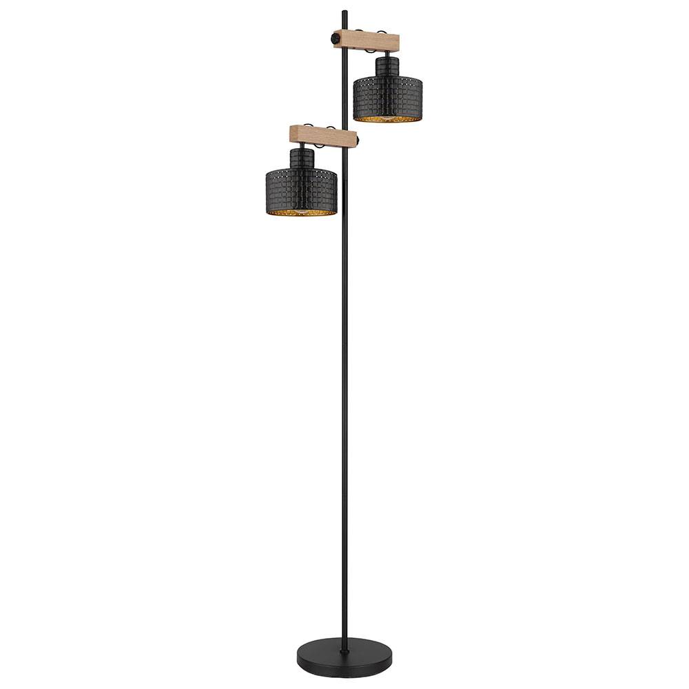 Stehlampe Stehleuchte höhenverstellbar Wohnzimmerlampe Holzoptik schwarz gold, Metall MDF, 2x E27, LxH 44x168 cm