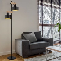 Stehlampe Stehleuchte höhenverstellbar Wohnzimmerlampe Holzoptik schwarz gold, Metall MDF, 2x E27, LxH 44x168 cm Stehlampe Stehleuchte höhenverstellbar Wohnzimmerlampe Holzoptik schwarz gold, Metall MDF, 2x E27, LxH 44x168 cm