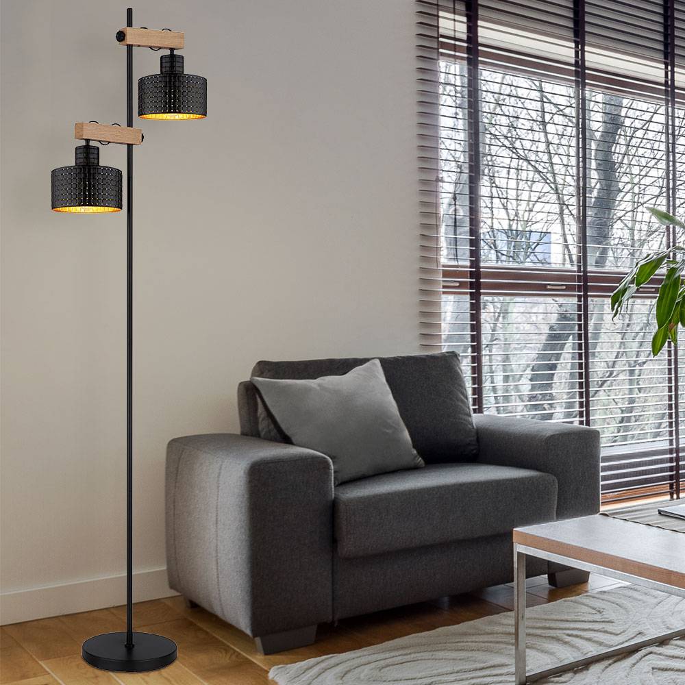 Stehlampe höhenverstellbar Wohnzimmerlampe Holzoptik Stehleuchte schwarz gold, Metall MDF, 2x E27, LxH 44x168 cm