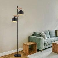 Stehlampe Stehleuchte höhenverstellbar Wohnzimmerlampe Holzoptik schwarz gold, Metall MDF, 2x E27, LxH 44x168 cm Stehlampe Stehleuchte höhenverstellbar Wohnzimmerlampe Holzoptik schwarz gold, Metall MDF, 2x E27, LxH 44x168 cm
