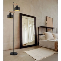 Stehlampe Stehleuchte höhenverstellbar Wohnzimmerlampe Holzoptik schwarz gold, Metall MDF, 2x E27, LxH 44x168 cm Stehlampe Stehleuchte höhenverstellbar Wohnzimmerlampe Holzoptik schwarz gold, Metall MDF, 2x E27, LxH 44x168 cm