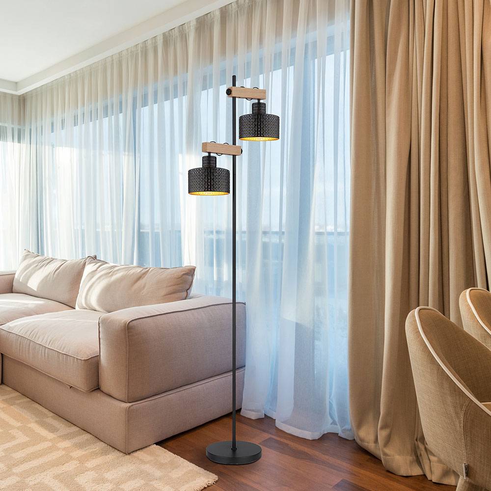 Stehlampe Stehleuchte höhenverstellbar Wohnzimmerlampe Holzoptik schwarz gold, Metall MDF, 2x E27, LxH 44x168 cm
