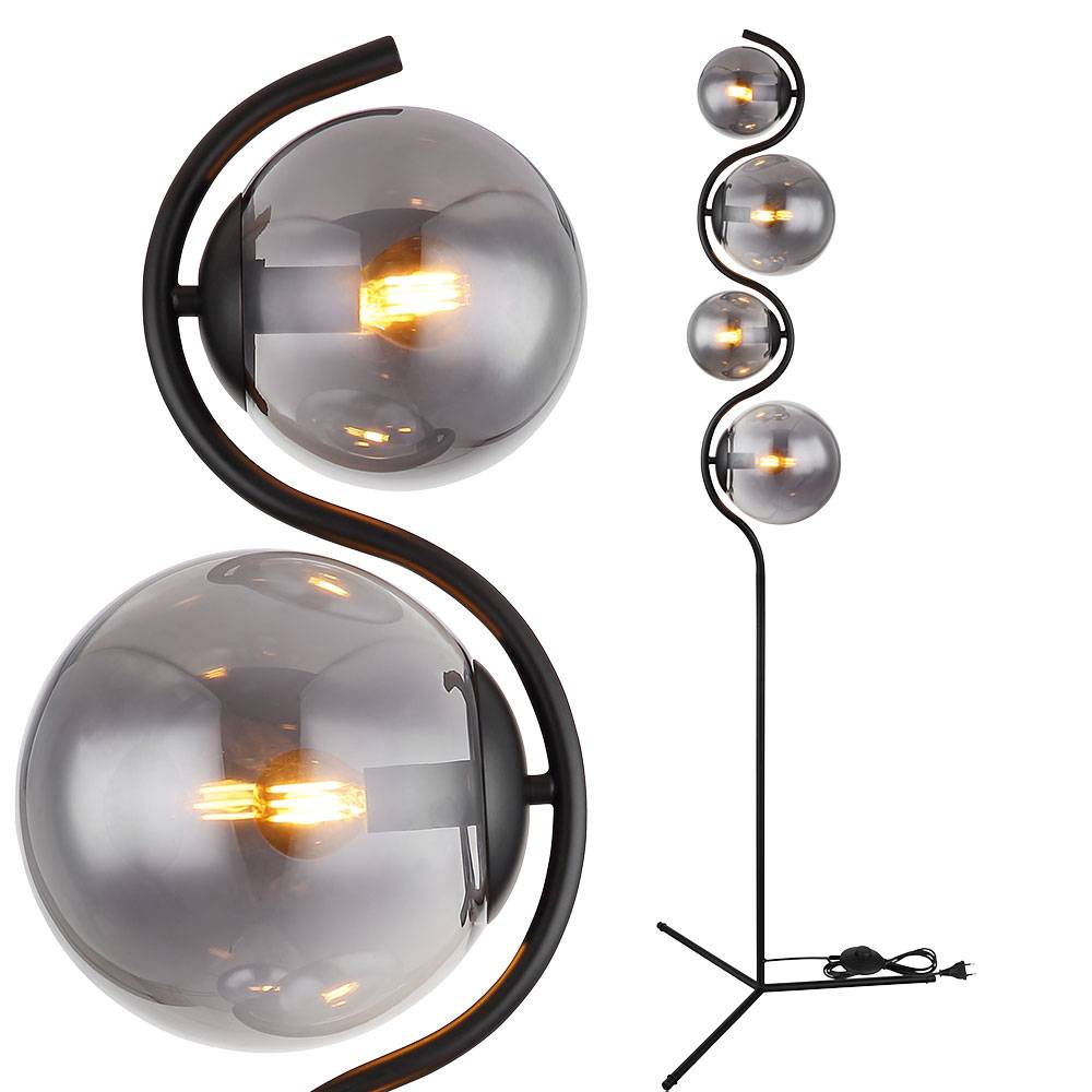 Stehlampe Standleuchte Wohnzimmer Rauchglas 4 flammig Schlafzimmerlampe, Metall schwarz, 4x E14, DxH 66 x 160 cm