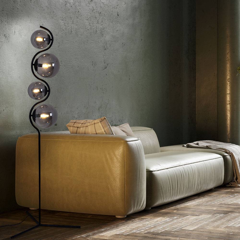 Stehlampe Standleuchte Wohnzimmer Rauchglas 4 flammig Schlafzimmerlampe, Metall schwarz, 4x E14, DxH 66 x 160 cm