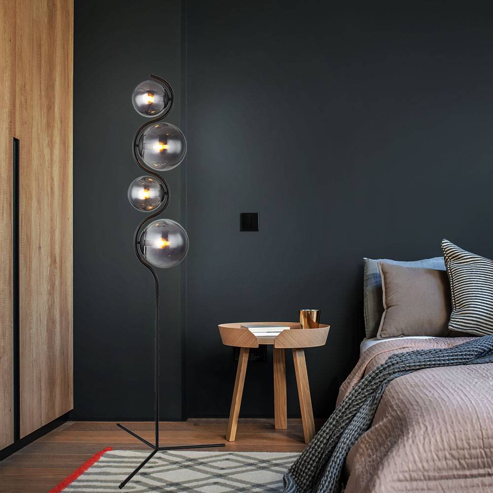 Stehlampe Standleuchte Wohnzimmer Rauchglas 4 flammig Schlafzimmerlampe, Metall schwarz, 4x E14, DxH 66 x 160 cm