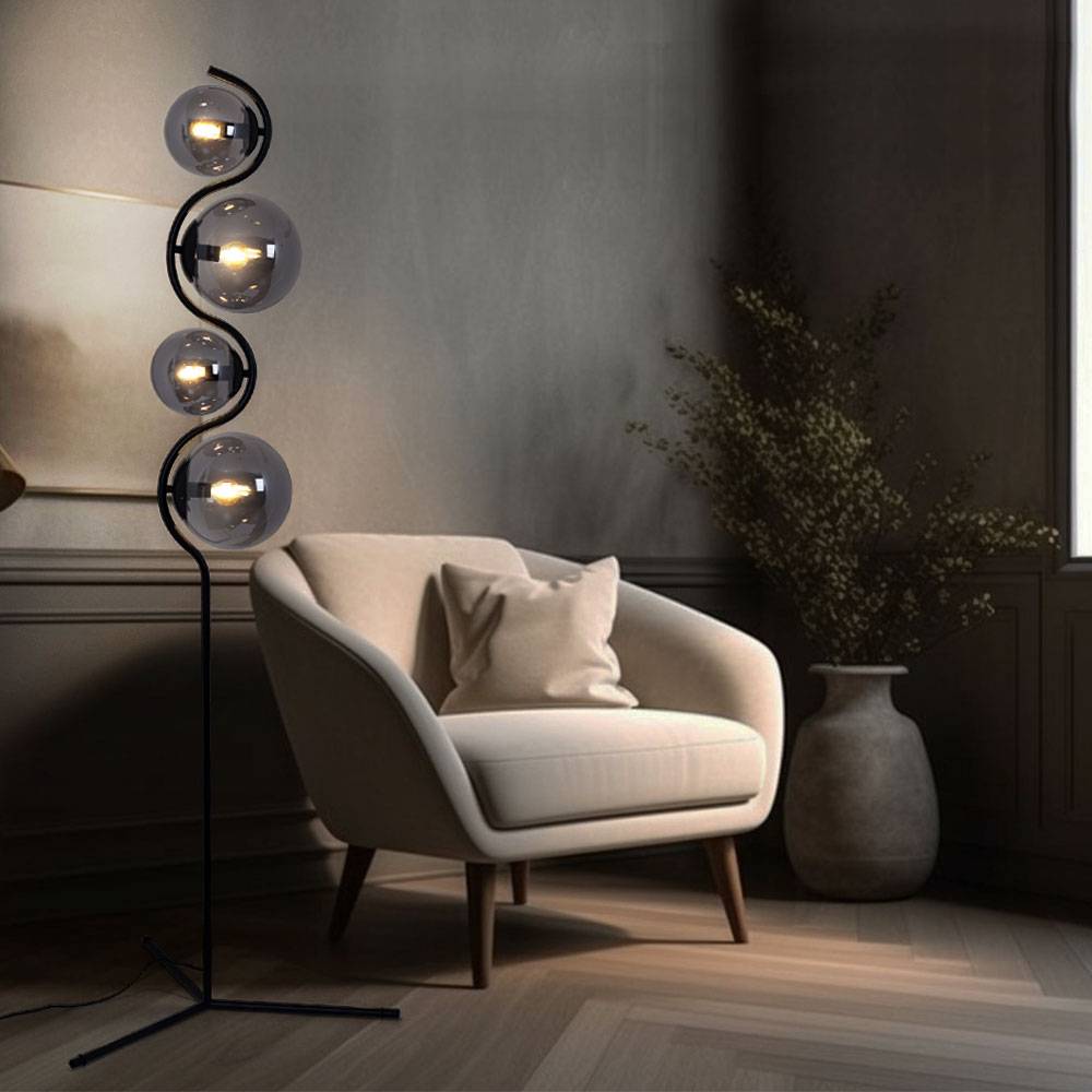 Stehlampe Standleuchte Wohnzimmer Rauchglas 4 flammig Schlafzimmerlampe, Metall schwarz, 4x E14, DxH 66 x 160 cm