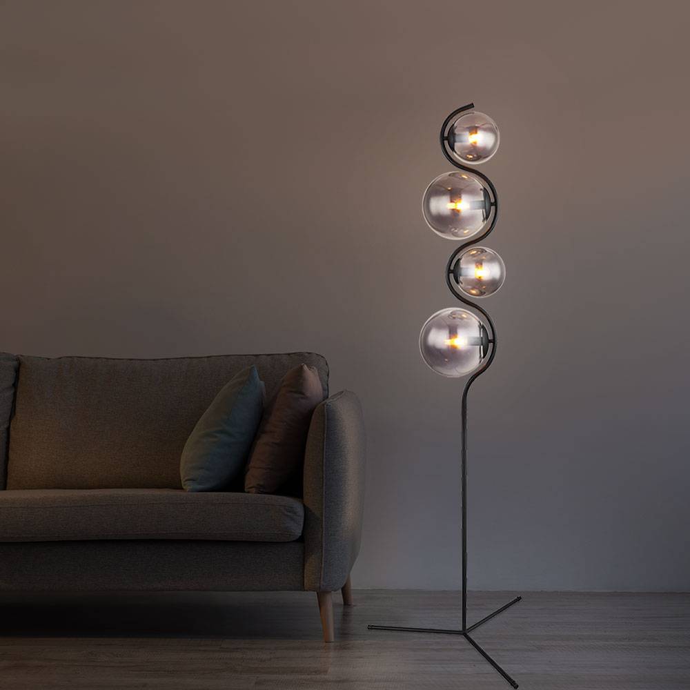 Stehlampe Standleuchte Wohnzimmer Rauchglas 4 flammig Schlafzimmerlampe, Metall schwarz, 4x E14, DxH 66 x 160 cm
