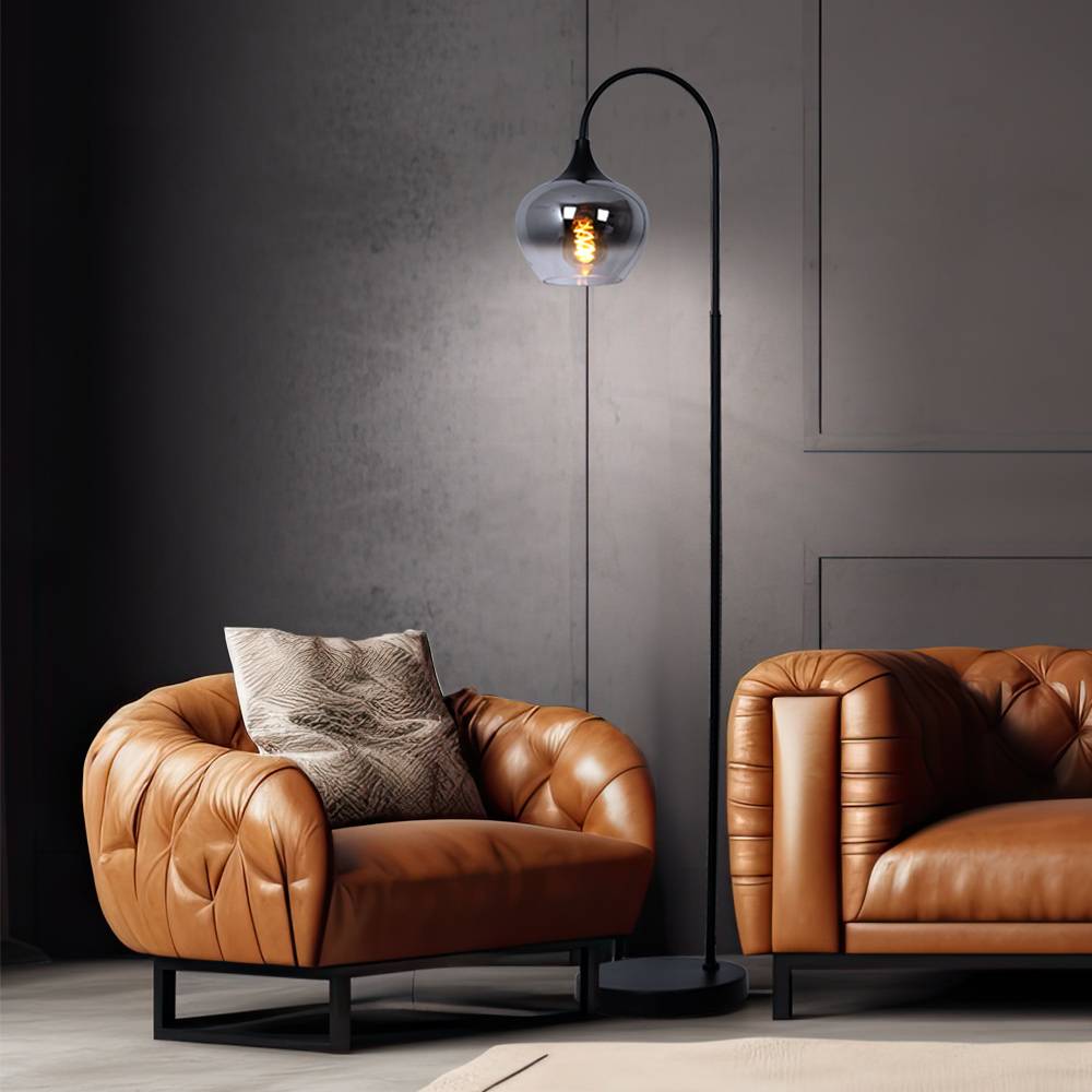 Stehleuchte Rauchglas Wohnzimmerleuchte stehend Rauch Bogenleuchte Rauch schwarz, Metall, E27 Fassung, LxBxH 39x25x150 cm