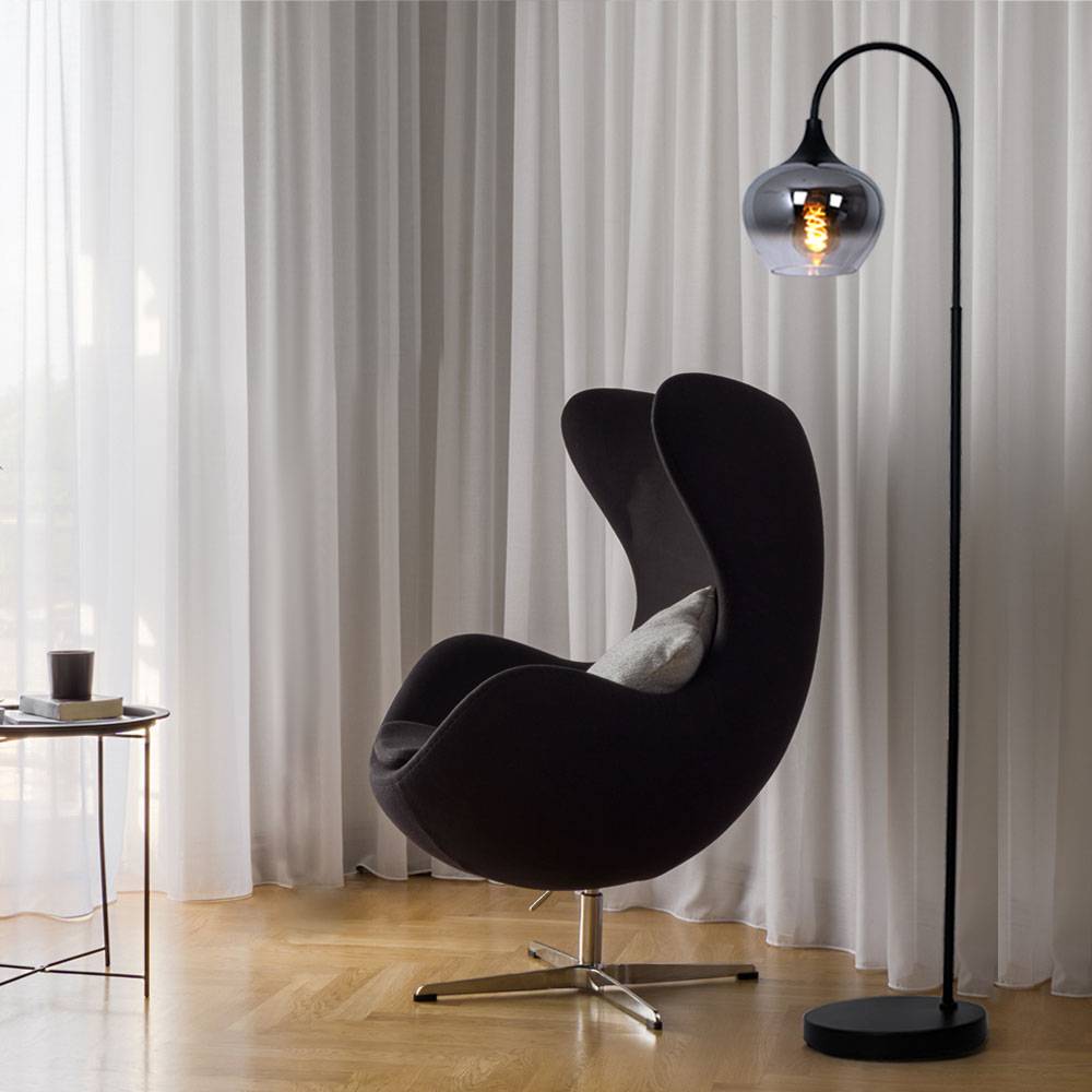 Stehleuchte Rauchglas Wohnzimmerleuchte stehend Rauch Bogenleuchte Rauch schwarz, Metall, E27 Fassung, LxBxH 39x25x150 cm